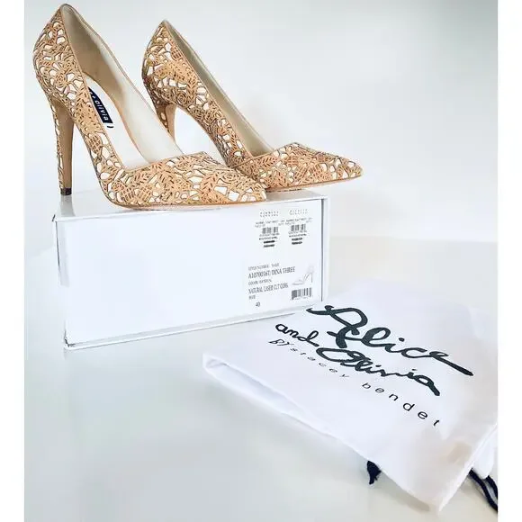 Alice + Olivia Dina Three Laser Cut Cork Pointed Toe Stiletto Pumps EU 40 Italy - Picture 2 of 10